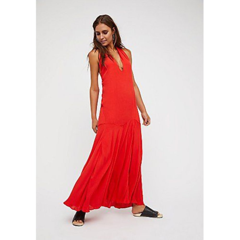 Free People Red Backless Halter Maxi Dress | Size S